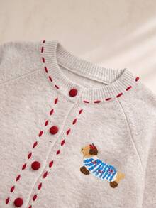 Women's Round Neck Red Button Knit Cardigan Sweater, Winter Christmas New Year Vintage Colorblock Long Sleeve Top, Suitable For Autumn - Apricot - View 6