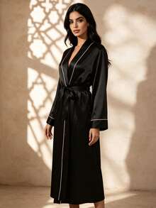 Temptuelle 1pc Women's Elegant Luxury V-Neck Belt Design Bathrobe, For Fall, Winter - Black - View 5