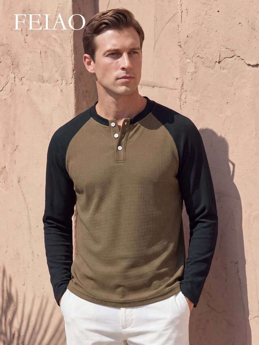 FEIAO Men's Vintage "Old Money Style" Rich Colorblock Long Sleeve Polo Shirt, Suitable For Daily Commute, Loose Fit - Multicolor - View 1
