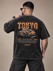 Plus Size 2 Pieces: Men's Vintage Washed Tokyo Underground Racing Graphic Casual Short Sleeve T-Shirt - Black - View 2