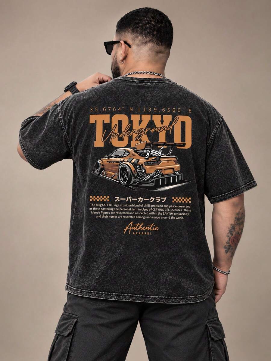 Plus Size 2 Pieces: Men's Vintage Washed Tokyo Underground Racing Graphic Casual Short Sleeve T-Shirt