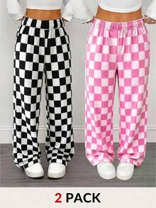 2pcs Young Girls Casual Random Plaid, Loose Wide Leg, Soft, Suitable For Daily Wear, Back To School, Autumn/Winter Fall - Multicolor - View 2