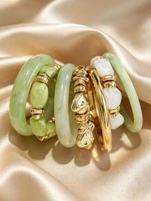 Green Floral Resin Bracelet With Gold Asymmetrical Metal Beads And White Shell Beads Bracelet Set, Niche Luxury Layered Bangle For Women Vacation Outfit Accessory - Multicolor - View 6