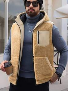 Rompi Kasual Termal Berkerudung Pria Musim Gugur/Dingin dengan Lapisan Termal, Jaket Kerah Tegak dengan Bukaan Depan - Khaki - View 1