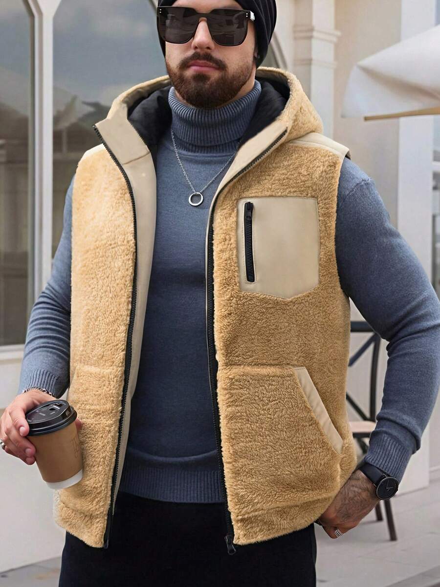 Rompi Kasual Termal Berkerudung Pria Musim Gugur/Dingin dengan Lapisan Termal, Jaket Kerah Tegak dengan Bukaan Depan - Khaki - View 1
