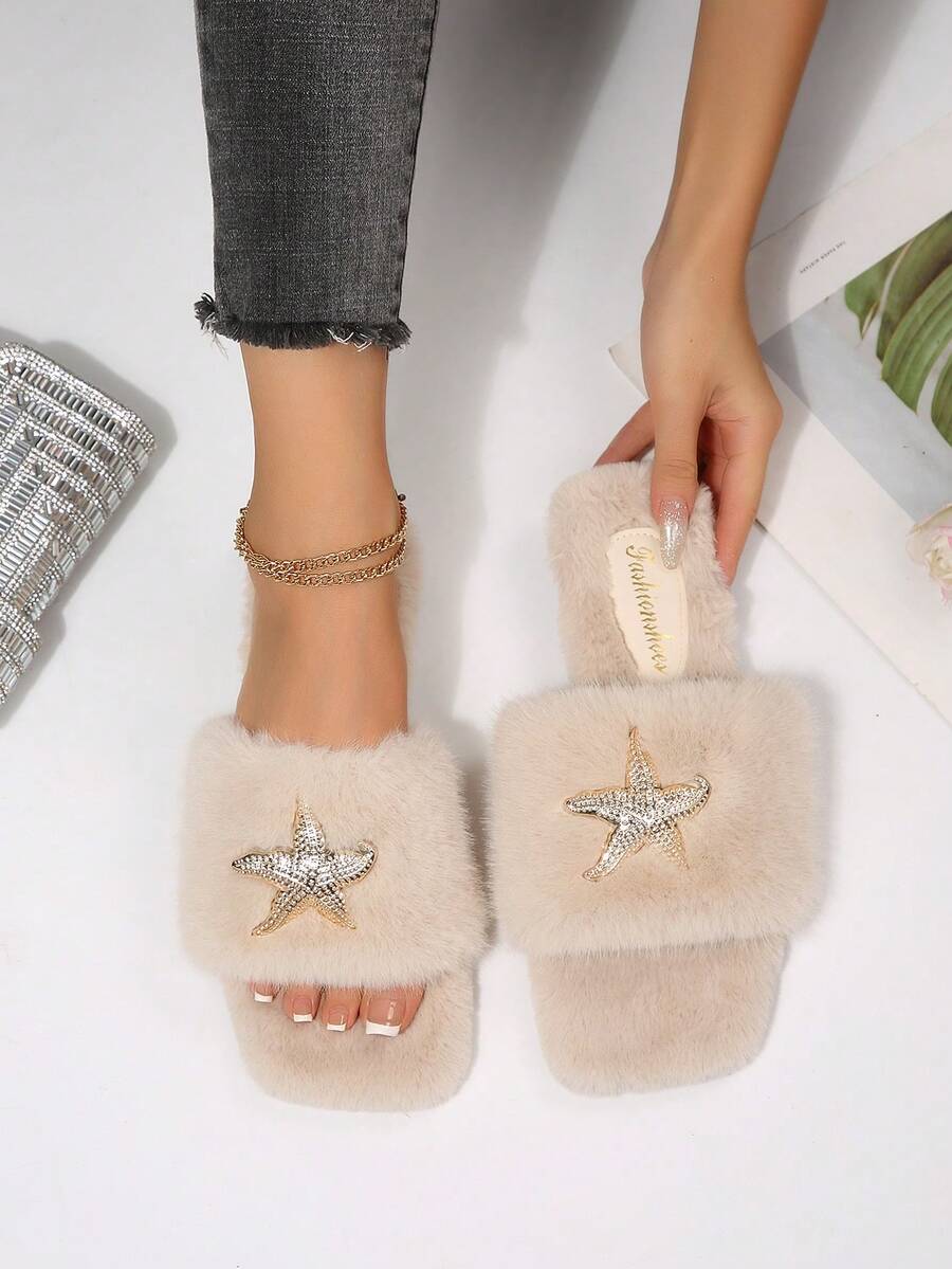 Spring/Autumn New Square Toe Plush One-Strap Flat Sandals For Women, Fashion Rhinestone Starfish Decor Fluffy Fur Slippers, Indoor/Outdoor Dual-Use - Beige - View 1