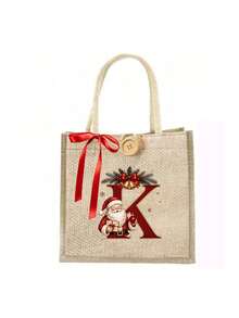 Initial And Name Christmas Canvas Gift Bag, 26 Initials, Custom Large Santa Claus Patterned Cloth Bag, Featuring A Red Bow Ribbon, Personalized Christmas Decoration Gift Party Favor - Multicolor - View 20