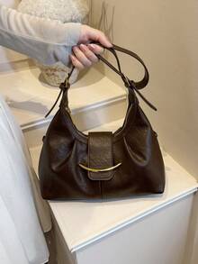 Fashionable Elegant Metal Buckle Decor Women's Shoulder Bag, High-End Minimalist Adjustable Strap Shoulder Bag/Crossbody Bag - Coffee Brown - View 4