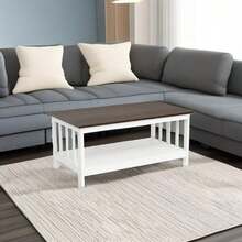 1 Mesa de Centro Estilo Granja de Madera, Mesa de Café Rectangular con Estante Inferior de Almacenamiento, Diseño de Misión con Listones Laterales, Mesa Baja Blanca para Sala de Estar y Hogar - Blanco - Ver 2