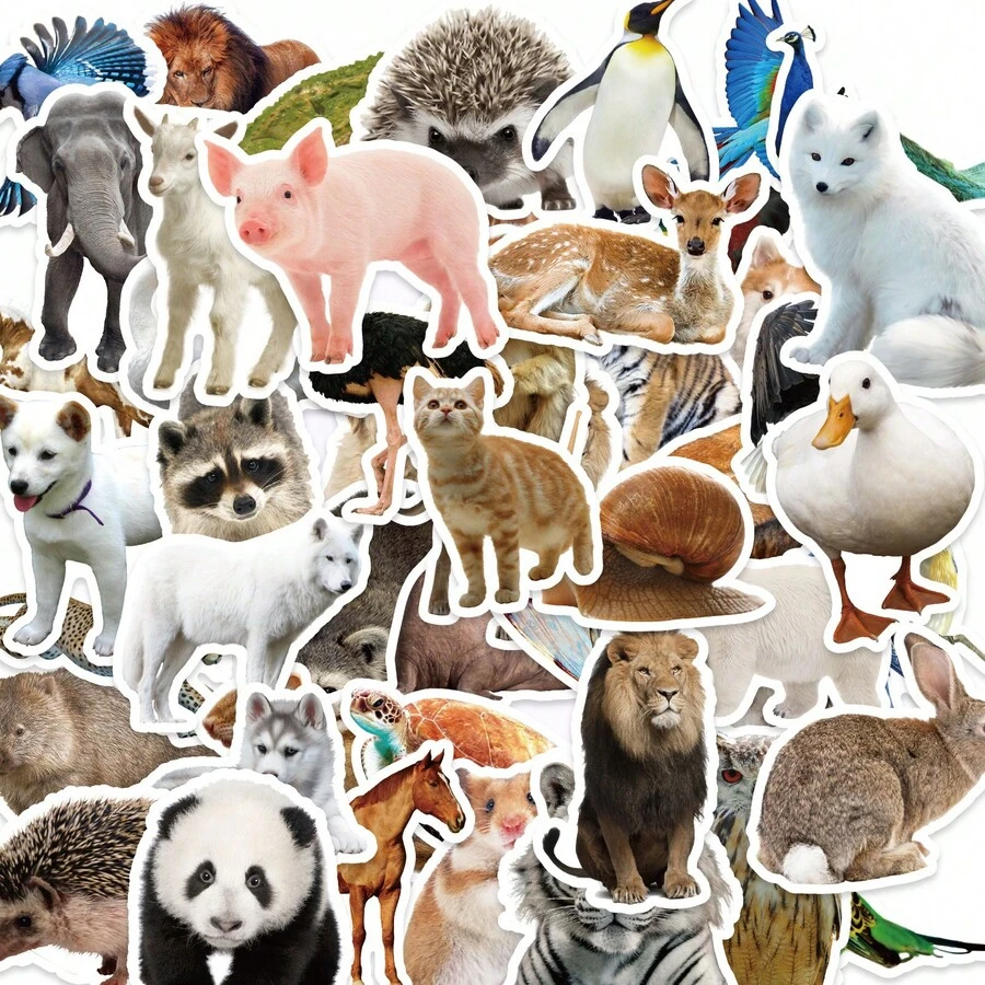 50pcs Mixed Realistic Animal Stickers, Zoo & Wild Animal Photo Stickers, Creative Bio Stickers For Laptop, Water Bottle, Phone Case, Luggage, Notebook, Novelty Gift - Multicolor - View 1