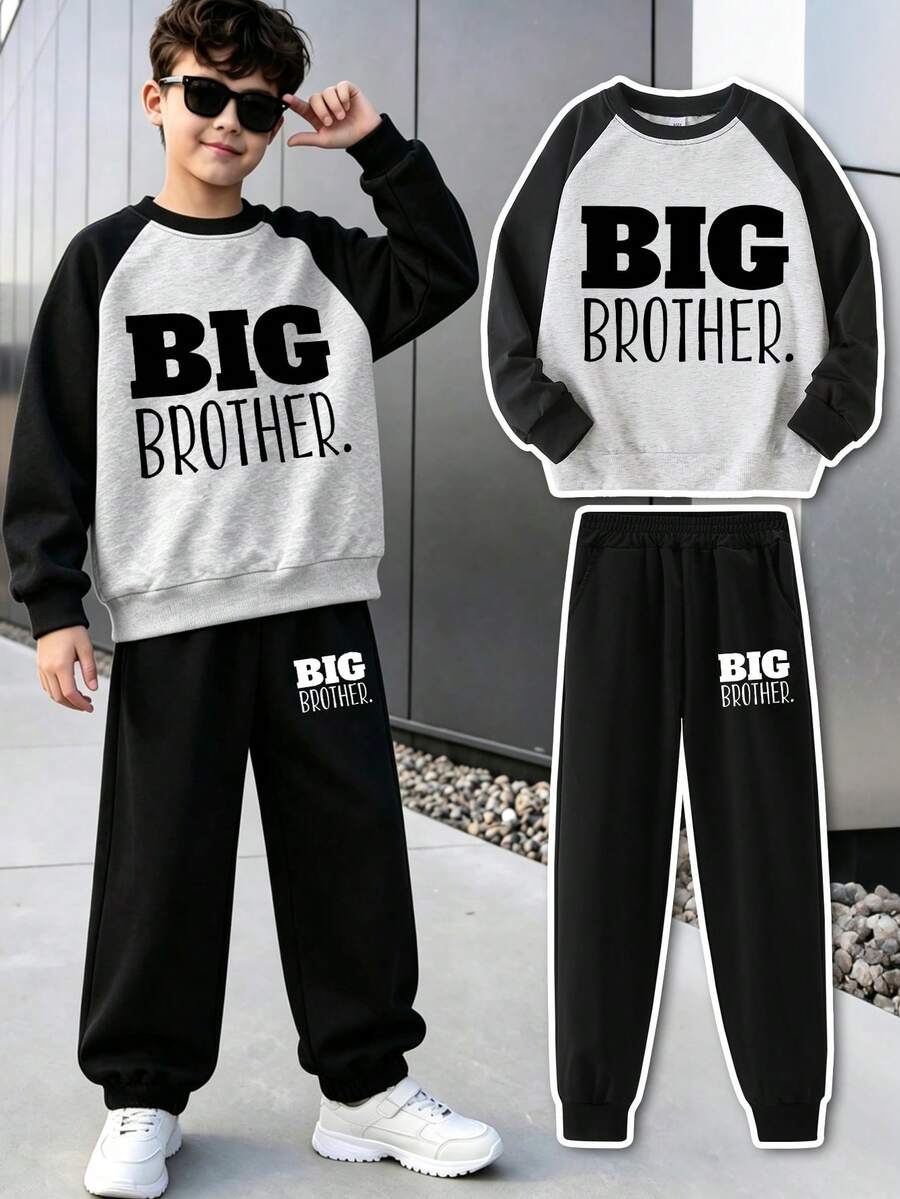 2pcs/Set Baju Sweatshirt Lengan Raglan Leher Bulat Bergambar untuk Anak Laki-laki Remaja dan Celana Olahraga Kasual Sederhana, Pakaian Baru Anak Laki-laki Musim Gugur/Musim Dingin - MultiWarna - View 1