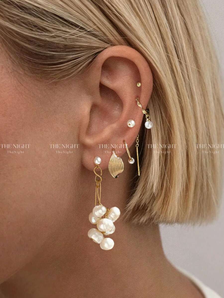 6pcs/Set 18K Gold Exquisite Old Money Style Pearl Dangle Earrings & Studs Set, Suitable For Parties, Holidays, Dates Or Weddings - Yellow Gold - View 1