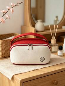 Shiseido Colorblock Patchwork Canvas Handheld Makeup Bag, Large Capacity Double Zipper Portable Storage Bag, Travel Toiletries Organizer For Business Trips, Student Dorm, Home Vanity Organizer, Birthday Holiday Gift For Best Friend Girlfriend - Red + White - View 1