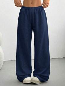 Plus Size Women's Solid Color Drawstring Waist Casual Daily Long Pants - Navy Blue - View 6