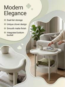 [Fashion Side Table]Minimalist Modern Plastic Side Table - Fashionable Modern Round Clover Side Table, Small Double-Layer Coffee Table With Storage Shelf | Space-Saving Clover Design Bedside Table - Suitable For Living Room, Study, Bedroom Storage And Organization - White - View 4