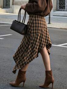 Aflion Elegant Women Autumn Vintage Plaid Asymmetrical Ruffle Midi Skirt Irregular Hem Flowy Skirt - Brown - View 2