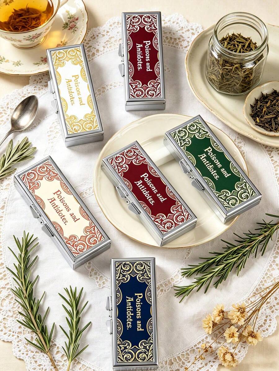 "Poisons And Antidotes" Printed Pill Box, Vintage European Style Pill Dispenser, Portable Pill Dispenser, Precise 1-2 Pill Dispenser, Convenient Medication Storage Box, Easy-To-Use Design, Plastic Material, Portable Travel Pill Box, Dispensing Box - Multicolor - View 1