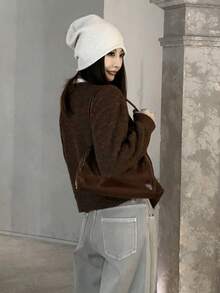 Autumn/Winter Color Block 2 In 1 V-Neck Casual Cardigan Knit Sweater - Coffee Brown - View 11