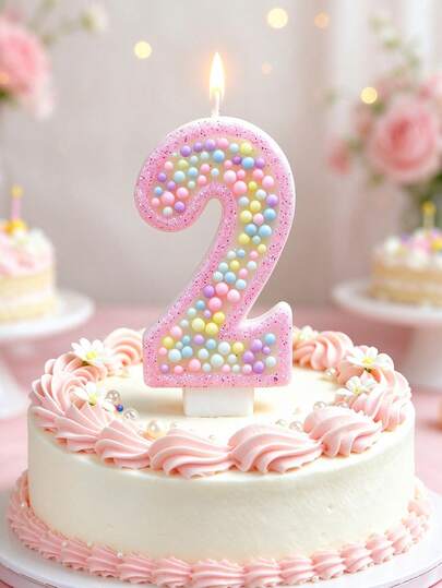 Birthday Number Candle, Pink Glitter With Pastel Candy Pearl Beads, Cute Ins Style Cake Topper, Smokeless Handmade Numeral Decor For Toddler Girls Birthday, Candy Theme Baby Shower, Dessert Table & Birthday Photoshoot Decor