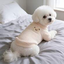 1PC Waffle Knit Dog T-Shirt, Cute Bear Patch Puppy Short Sleeve Shirt, Soft Warm Pet Clothes For Small Dogs Poodle Bichon Daily Wea - Apricot - View 3
