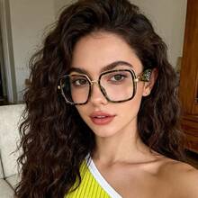 1pc Square Large Frame Clear Lens Glasses With Metal Temple - Black - View 9