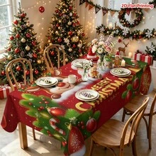 1件裝聖誕主題桌布，含馴鹿、聖誕老人、松枝、彩色球、糖果棒、鈴鐺、雪花、串燈與「MERRY CHRISTMAS」文字，適用於廚房餐桌、餐廳裝飾、野餐露營、派對布置、農舍風，桌面美化與營造節日氛圍 - 彩色 - 查看 8