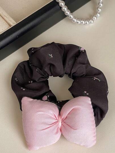 1pc Black Floral Fabric Scrunchie, High Elasticity Hair Accessory, Pink 3D Bow Hair Tie, Gentle Style Hair Band, Suitable For Women, Gift Recommendation