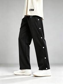 veidoorn Men's Solid Color Sports Pants, Side Pockets, Snap Button Design For Easy On And Off, Loose Comfortable Fit - Black - View 2