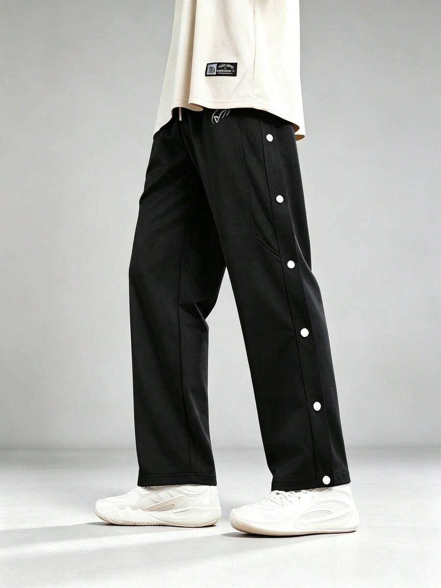 veidoorn Men's Solid Color Sports Pants, Side Pockets, Snap Button Design For Easy On And Off, Loose Comfortable Fit