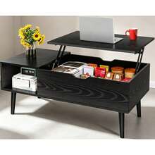 Mesa elevable de madera color negro, mesita de centro con compartimentos de almacenamiento, mesa de centro multifunción con compartimento oculto y estante amplio para sala de estar y oficina en casa - Negro - Ver 1