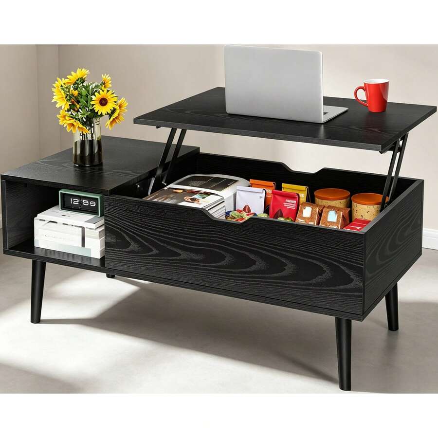 Mesa elevable de madera color negro, mesita de centro con compartimentos de almacenamiento, mesa de centro multifunción con compartimento oculto y estante amplio para sala de estar y oficina en casa - Negro - Ver 1