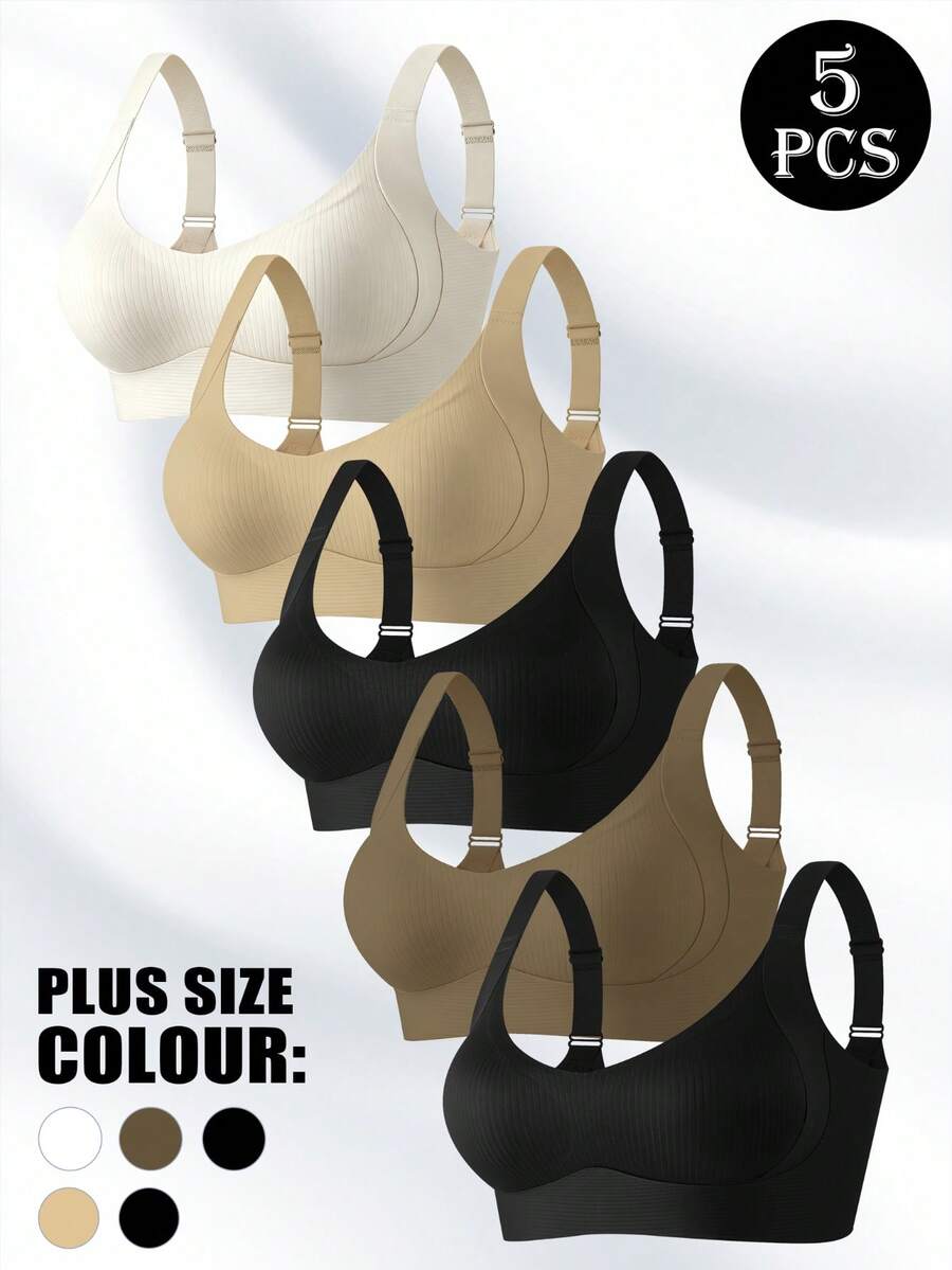 5pcs Classic Plus Size (Runs Small) Women's Wireless Bra, Striped Seamless Soft Support Shaping Lingerie, Adjustable Shoulder Straps, Removable Pads