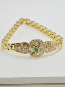 1pc Luxury Religious Style Alloy Gold-Plated Full Rhinestone Round Saint Jude Portrait Cross Chain Bracelet, Unisex Birthday Party Accessory, Christmas, Halloween - Gold - View 5
