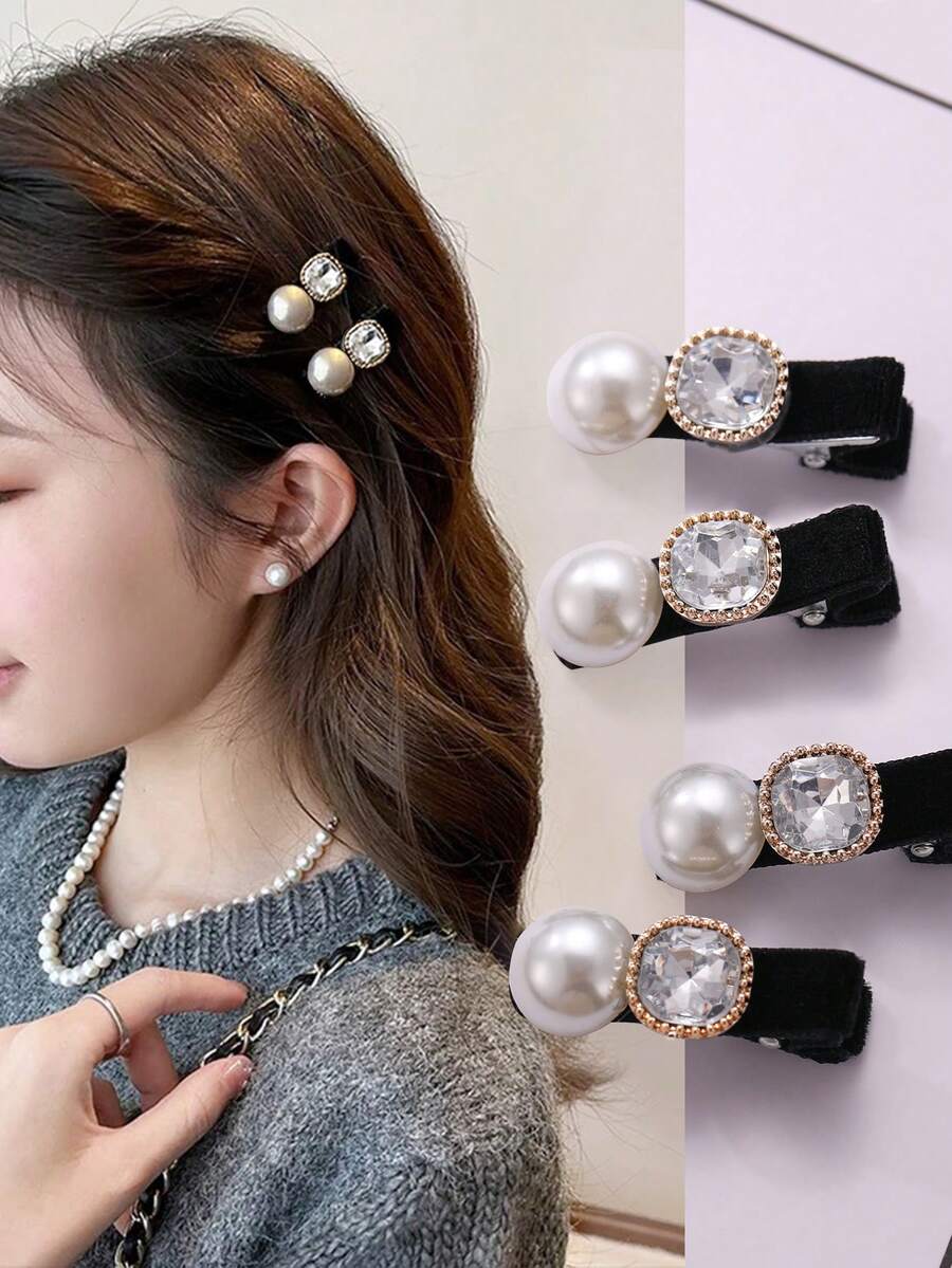 2pcs Autumn/Winter Pearl Rhinestone Velvet Hair Clips, Korean Style Versatile Bangs Clips, Minimalist Fashion Luxury Hair Accessories, Suitable For Girls Daily And Holiday Wear - Black - View 1