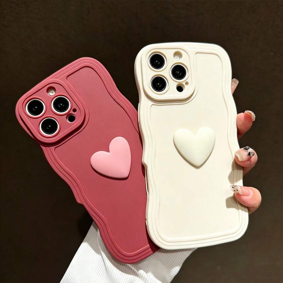 2件裝棕色與白色愛心波浪時尚可愛個性優雅手機殼,適用於 iPhone 12 13 14 15 16 17 Pro Max - 白色+酒紅色 - 查看 1