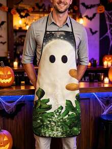 1pc/2pcs/4pcs New Linen Feel Halloween Skull Ghost Print Apron, Ghost Trick Or Treat Theme Apron, Lightweight Bib Apron For Halloween Party Dinner Cooking Costume - Multicolor - View 9