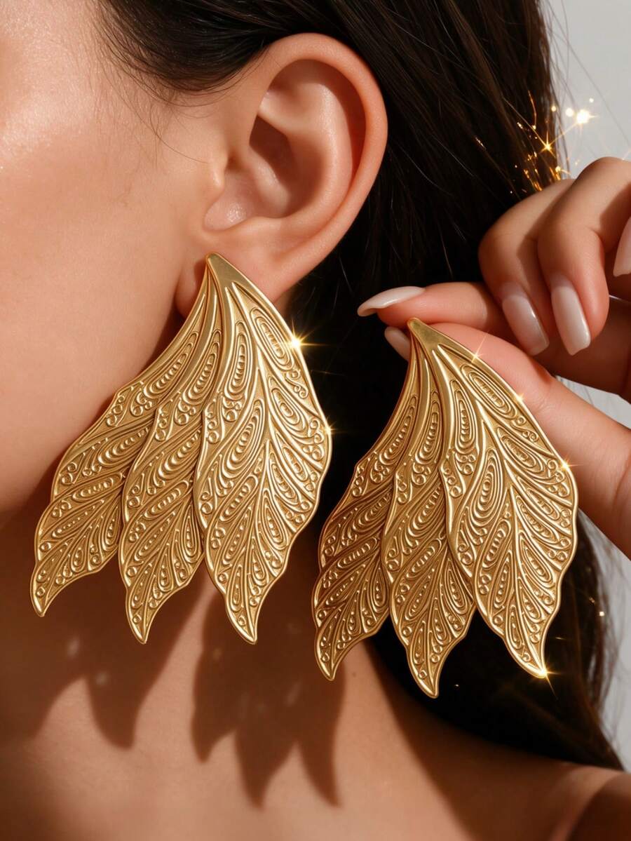 1 Pair Vintage Golden Wing Leaf Layered Earrings,Elegant Exquisite Embossed Swirl Pattern Big Statement Jewelry For Women Wedding Party Gift - Yellow Gold - View 1