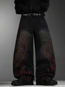 Men's Art‑Inspired Jeans, Premium Textured Embroidery Design, Loose Wide‑Leg Comfort Casual All‑Season Pants (Belt & Accessories Not Included) - Black - View 8