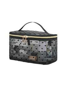 1pc Y2K Black Mesh Cosmetic Bag, Flocked Heart Pattern Makeup Pouch With Star Zipper Pull, Portable Large Capacity Travel Toiletry Storage Bag - Multicolor - View 6