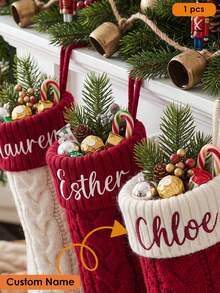 1pc Personalized Christmas Stocking, Christmas Essential, Christmas Gift, Christmas Hanging Decoration, Printed Embroidery, Embroidered Christmas Stocking Set, Name Embroidery, DIY Handmade Embroidered Christmas Pattern, Handmade Sewn Christmas Gift Stocking - Multicolor - View 2
