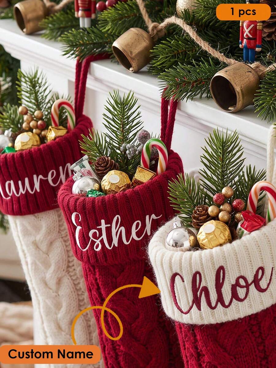 1pc Personalized Christmas Stocking, Christmas Essential, Christmas Gift, Christmas Hanging Decoration, Printed Embroidery, Embroidered Christmas Stocking Set, Name Embroidery, DIY Handmade Embroidered Christmas Pattern, Handmade Sewn Christmas Gift Stocking