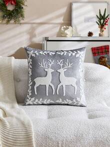 1pc Christmas Grey Reindeer Embroidered Pillow Case, Suitable For Indoor Decoration, Christmas Decor, All-Season Pillow Cover, Without Insert - Grey - View 2
