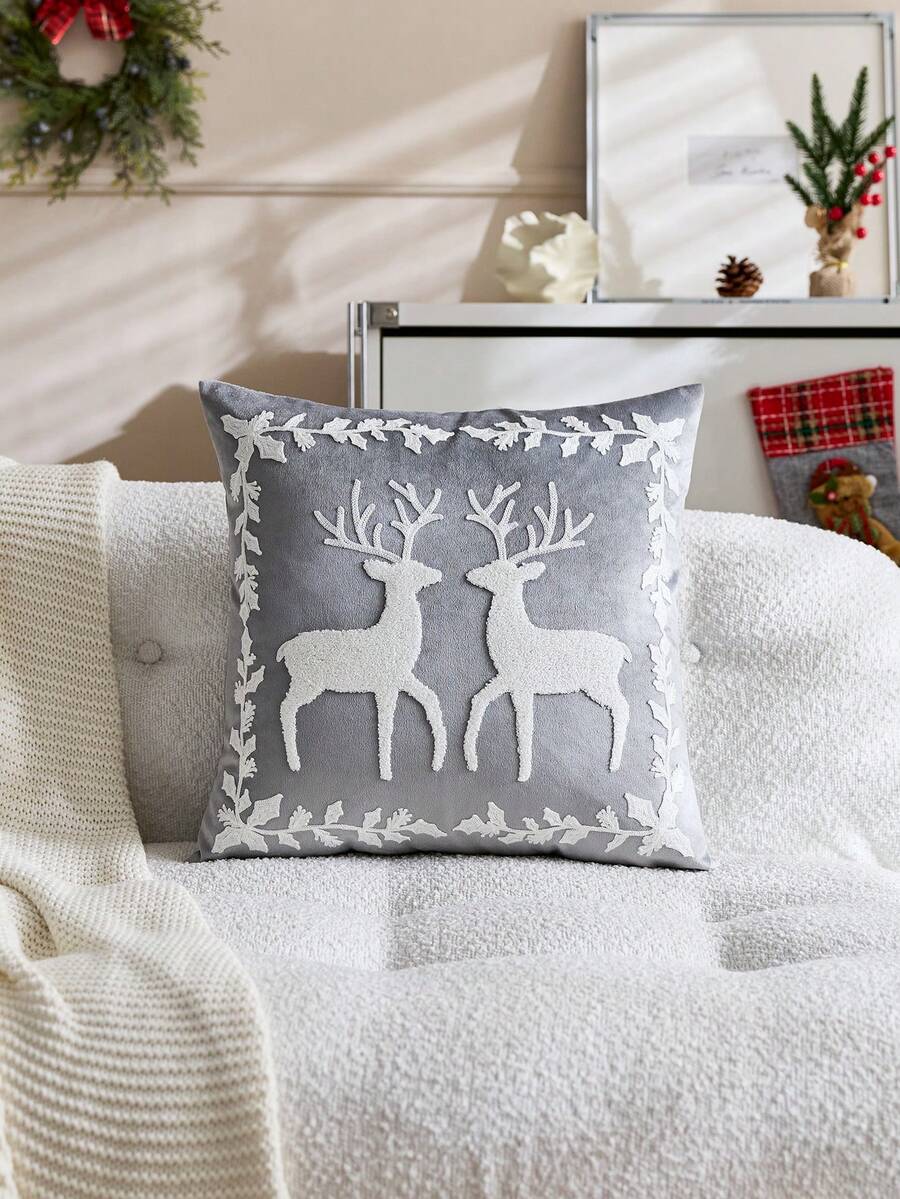 1pc Christmas Grey Reindeer Embroidered Pillow Case, Suitable For Indoor Decoration, Christmas Decor, All-Season Pillow Cover, Without Insert