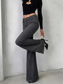 Women's Fall Grey Pinstriped Mid Rise Wide Leg Suit Pants, Office Casual Trousers,Loose Office Work Trousers - Grey - View 2