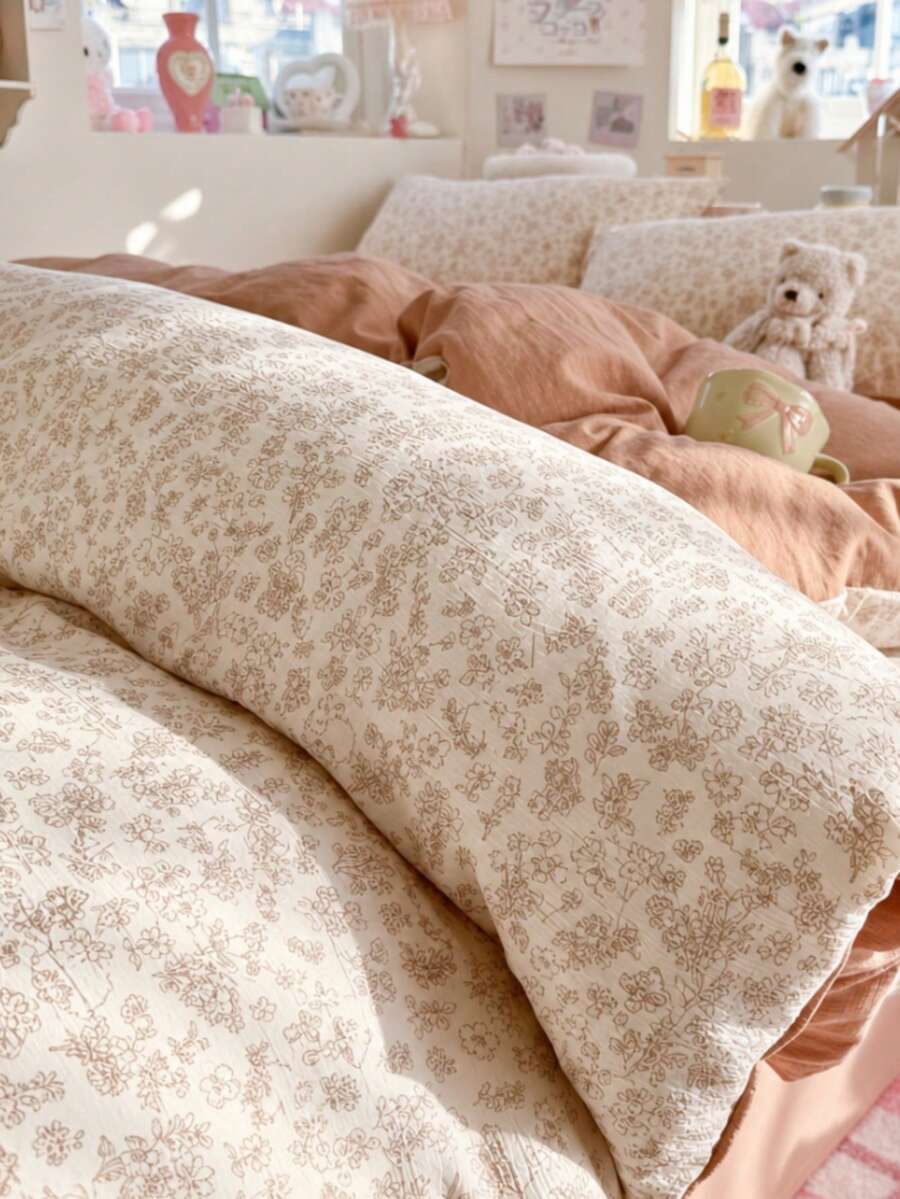 Vintage Brown Floral Pattern Duvet Cover Set, Cute Rabbit Design, Comfortable And Elegant Bedroom Bedding, 100% Polyester, With Hidden Zipper Design, Suitable For Daily Use And Ramadan Festival Bedding, No Filling Included - Camel - View 1