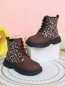 Sepatu Bot Pendek Anak Perempuan Terbaru Musim Gugur/Dingin, Motif Pita Perak di Seluruh Permukaan, Desain Blok Warna, Resleting Samping + Tali, Sol Tebal Anti Selip - Coklat - View 6