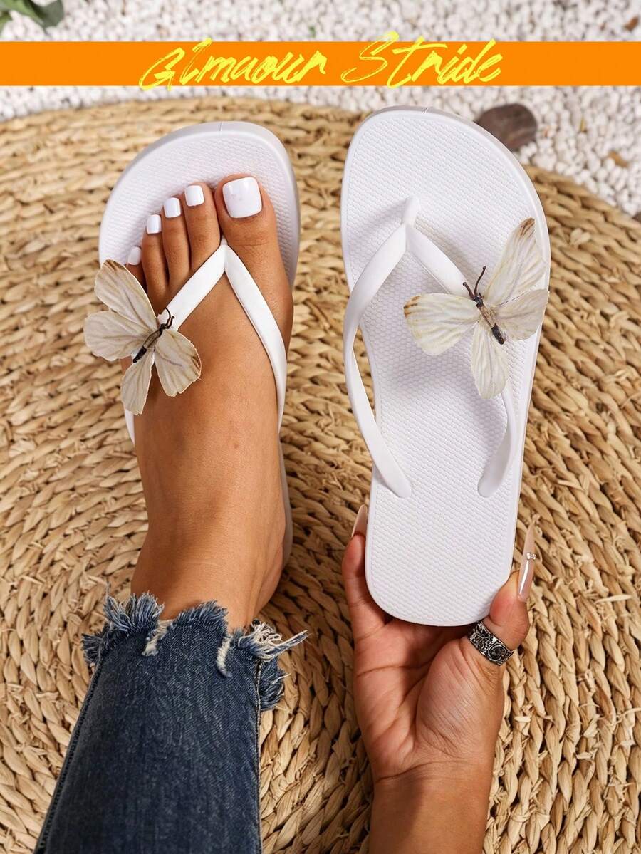 女款蝴蝶裝飾夾腳拖鞋,休閒白色厚底夾腳涼鞋,夏季海灘室內/室外防滑平底拖鞋 - 白色 - 查看 1
