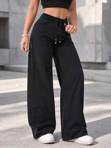 Women's Straight Leg Drawstring Pants With Zipper Pocket And Elastic Waist, Casual Athletic Pants For Daily Wear - Black - View 7