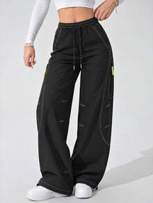 Women's Black Cargo Pants With Wide Leg, Drawstring Elastic Waist, Contrast Stitching, Zipper Pockets And Adjustable Hems - Black - View 1