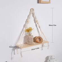 1pc Bohemian Style Macrame Wall Hanging With Wooden Board And Tassels, Handmade Woven Minimalist Shelf Wall Decor - Without Plants And Accessories - Beige - View 13